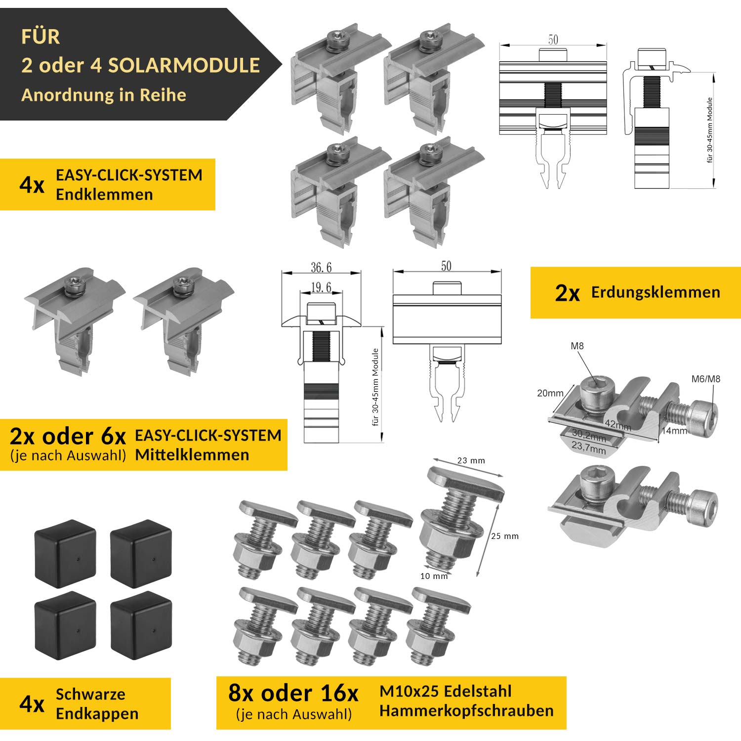 Avoltik Biberschwanz Montageset für 2 oder 4 Panele in Silber oder Schwarz Lieferumfang Endklemmen, Mittelklemmen, Erdungsklemmen, Hammerkopfschrauben, Endkappen