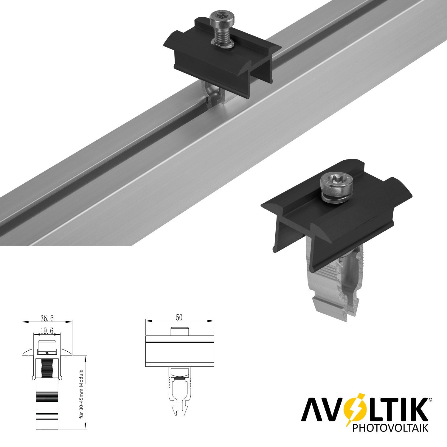 Avoltik Mittelklemme Schwarz Easy-Click für das Avoltik Ziegeldachset 30-45 mm Abmessung und Anwendungsbeispiel
