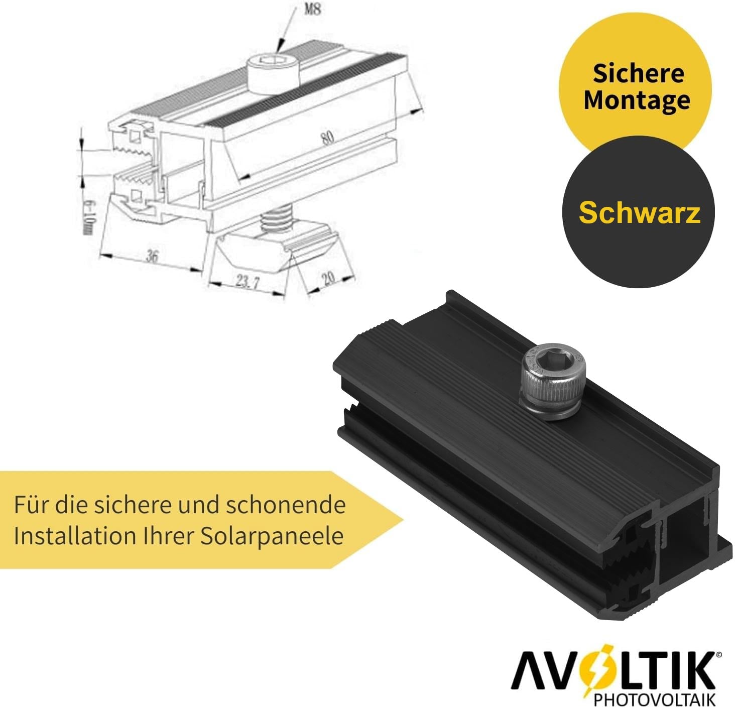 Avoltik Photovoltaik ALU Laminatklemme Endklemme für Dünnschichtmodule Schwarz Produktinformationen, Abmessungen