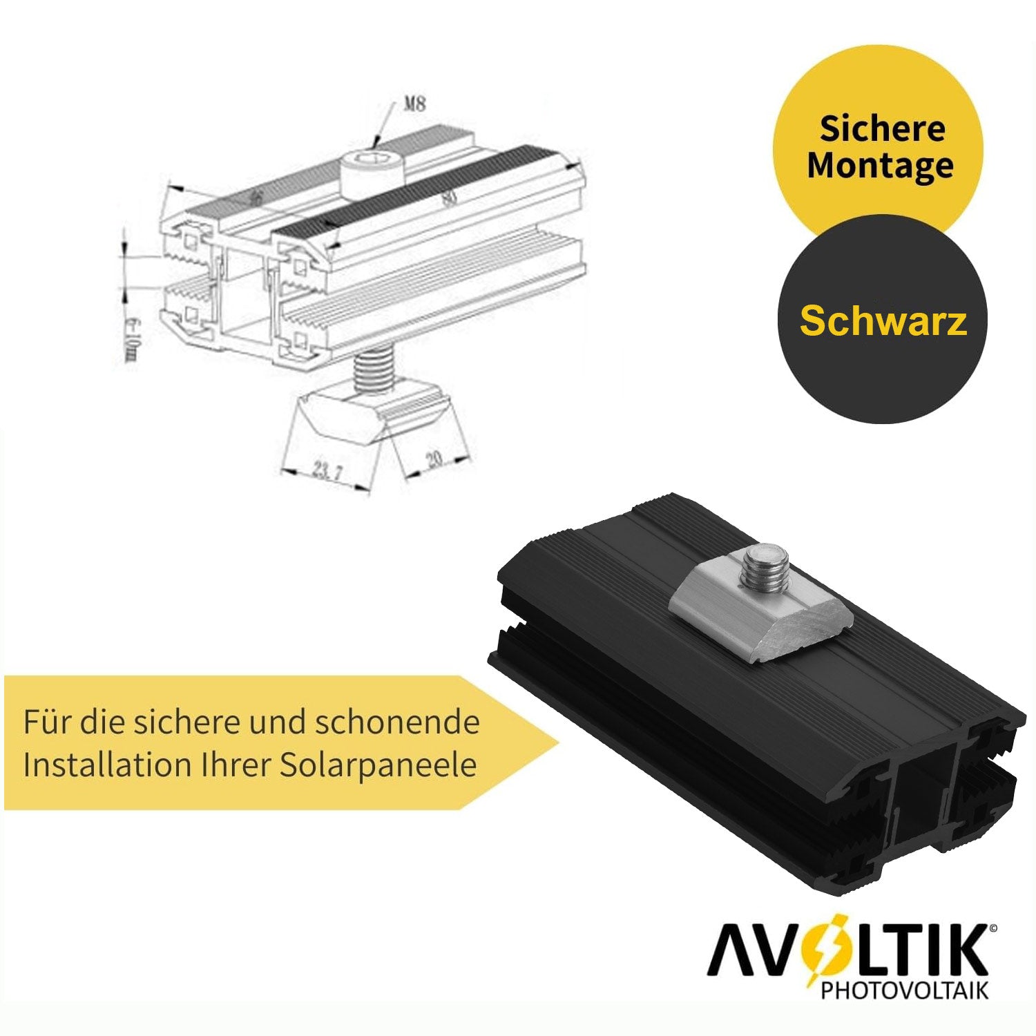 Avoltik Photovoltaik ALU Laminatklemme Mittelklemme für Dünnschichtmodule Schwarz Produktinformation Abmessungen