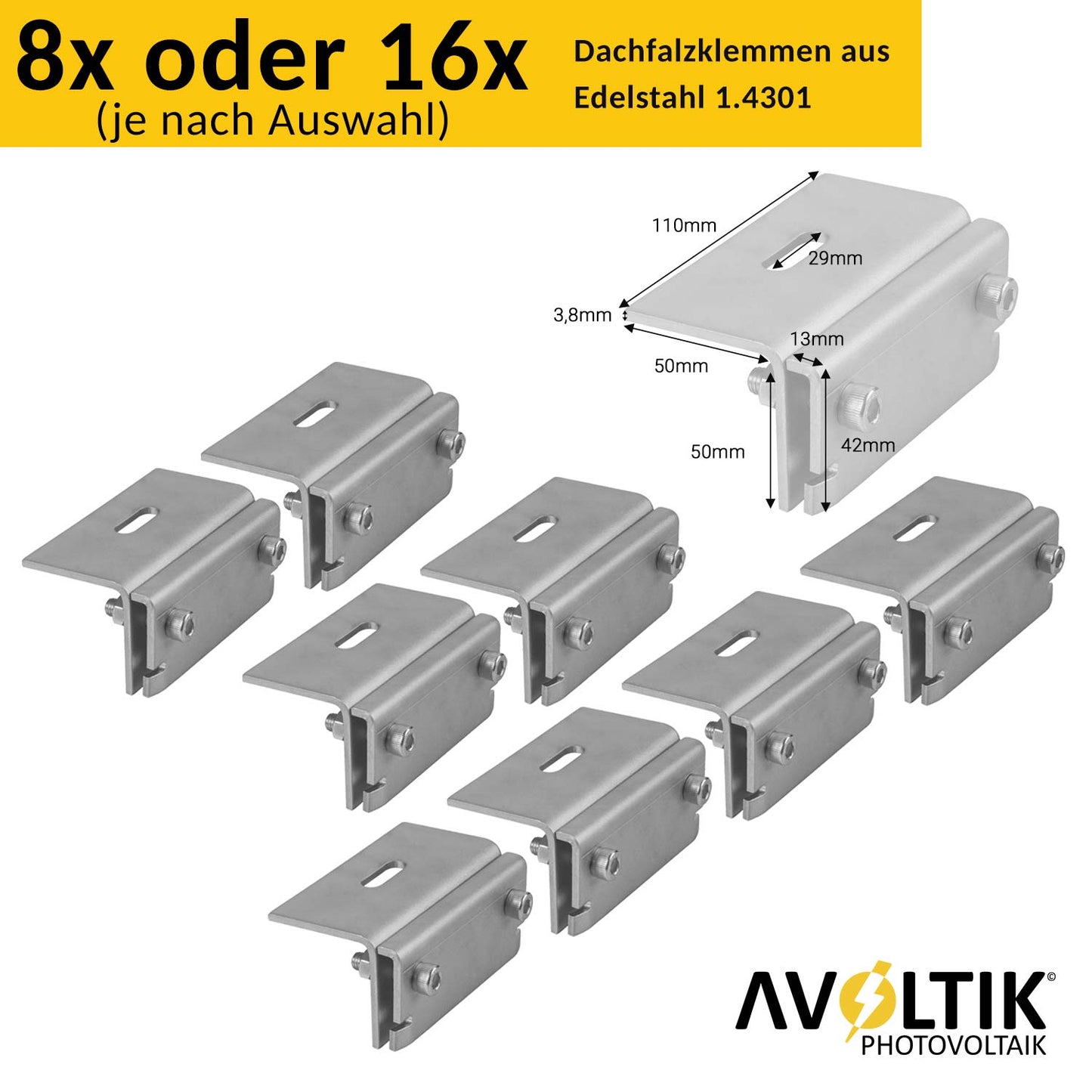 Avoltik Solar Halterung Blechfalzdach Montageset für 2 oder 4 Paneele in Silber oder Schwarz