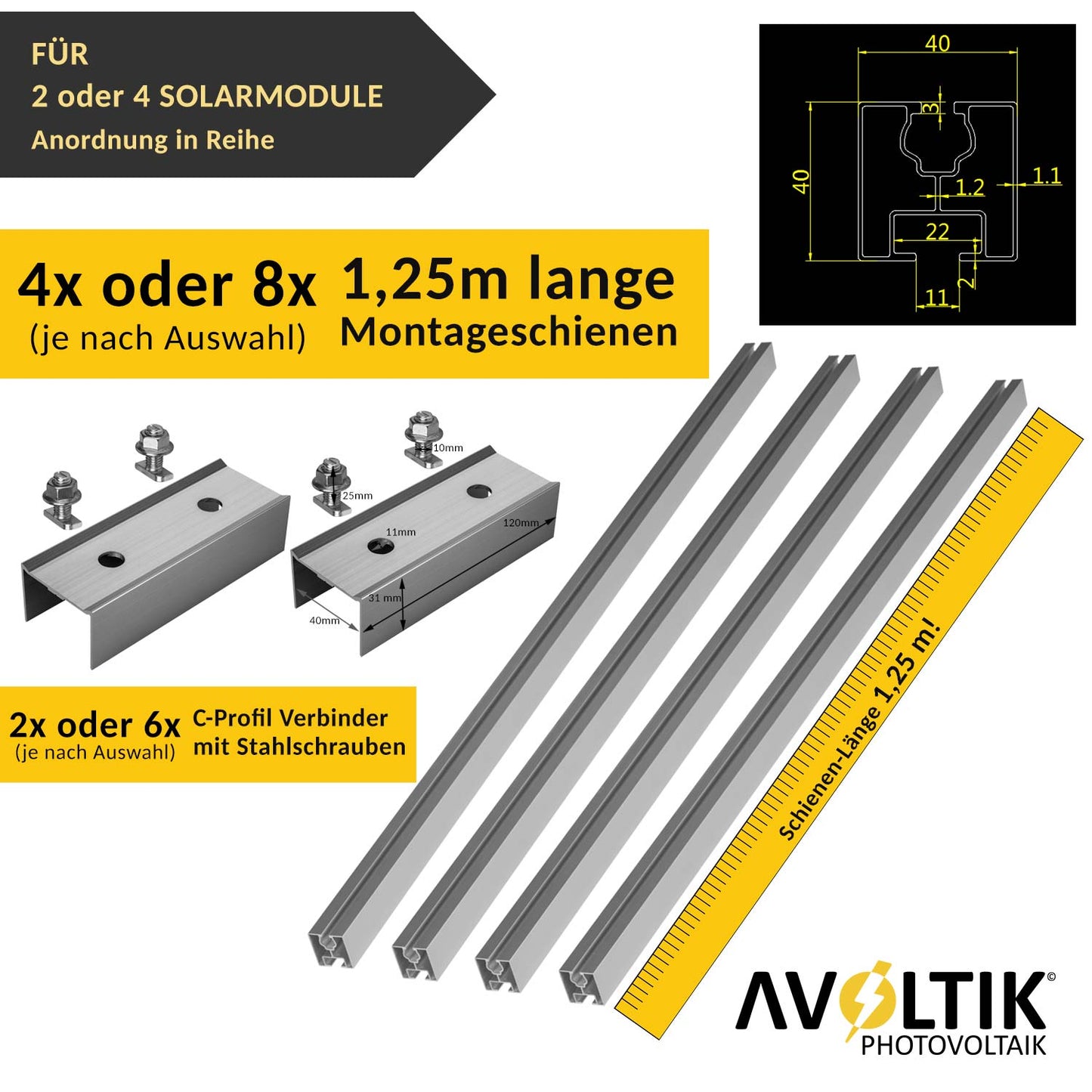 Avoltik Solar Halterung Blechfalzdach Montageset für 2 oder 4 Paneele in Silber oder Schwarz