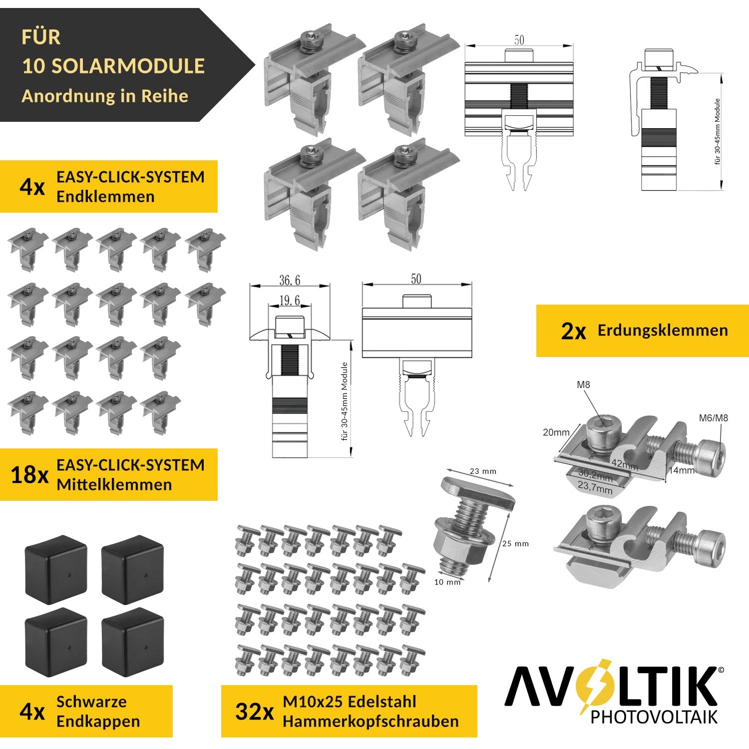 Avoltik Solar Halterung Ziegeldach Montageset für 10 Paneele 30-45mm. Lieferumfang der Endklemmen, Mittelklemmen, Erdungsklemmen, Endkappen, Hammerkopfschrauben