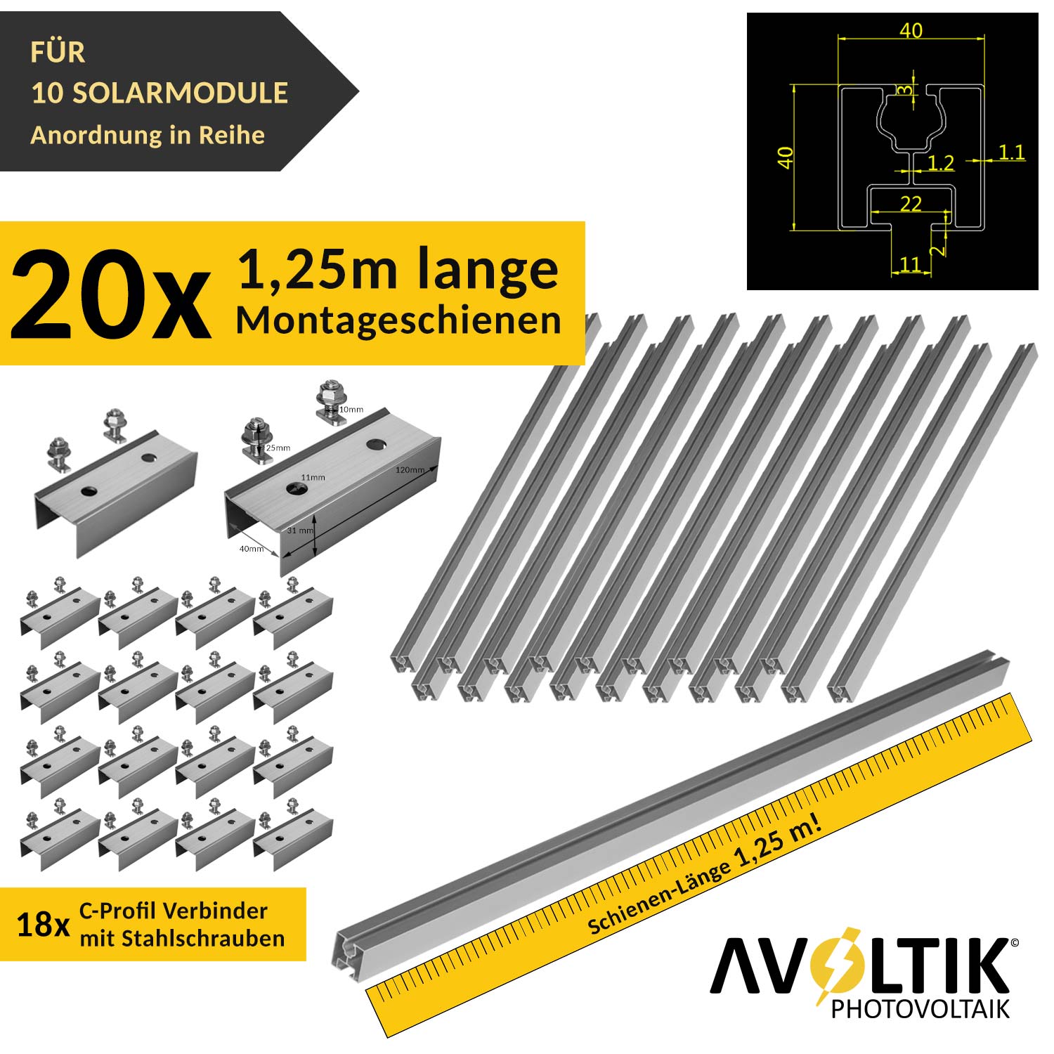 Avoltik Solar Halterung Ziegeldach Montageset für 10 Paneele 30-45mm. Lieferumfang der Montageschienen und C-Profilverbinder