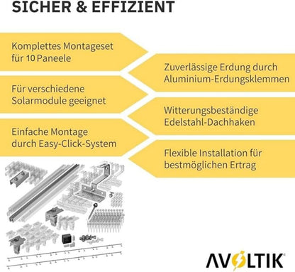 Avoltik Solar Halterung Ziegeldach Montageset für 10 Paneele 30-45mm. Sicher und Effizient