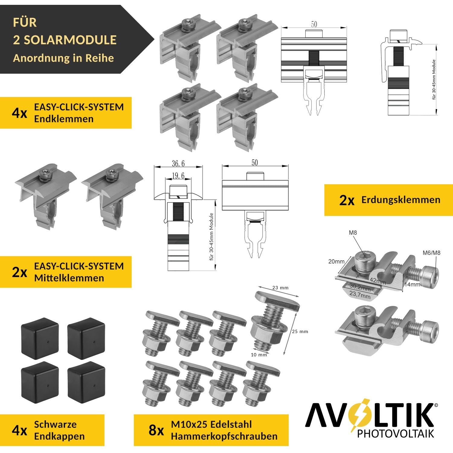 Avoltik Solar Halterung Ziegeldach Montageset für 2 Paneele 30-45mm. Anzahl der End- und Mittelklemmen, Erdungsklemmen, Hammerkopfschrauben und Endkappen