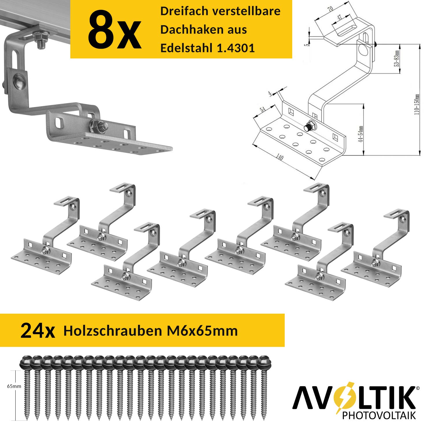 Avoltik Solar Halterung Ziegeldach Montageset für 2 Paneele 30-45mm. Anzahhl der Dachhaken und Holzschrauben
