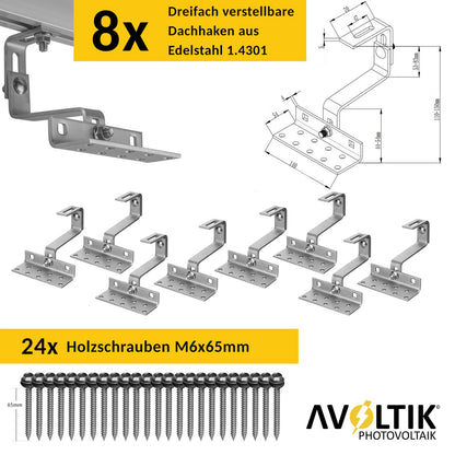 Avoltik Solar Halterung Ziegeldach Montageset für 2 Paneele 30-45mm. Anzahhl der Dachhaken und Holzschrauben
