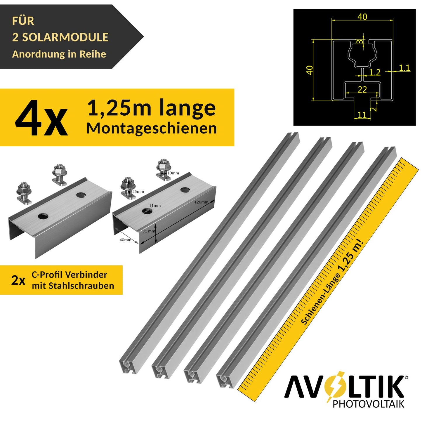 Avoltik Solar Halterung Ziegeldach Montageset für 2 Paneele 30-45mm. Anzahl der Montageschienen und C-Profil Verbinder