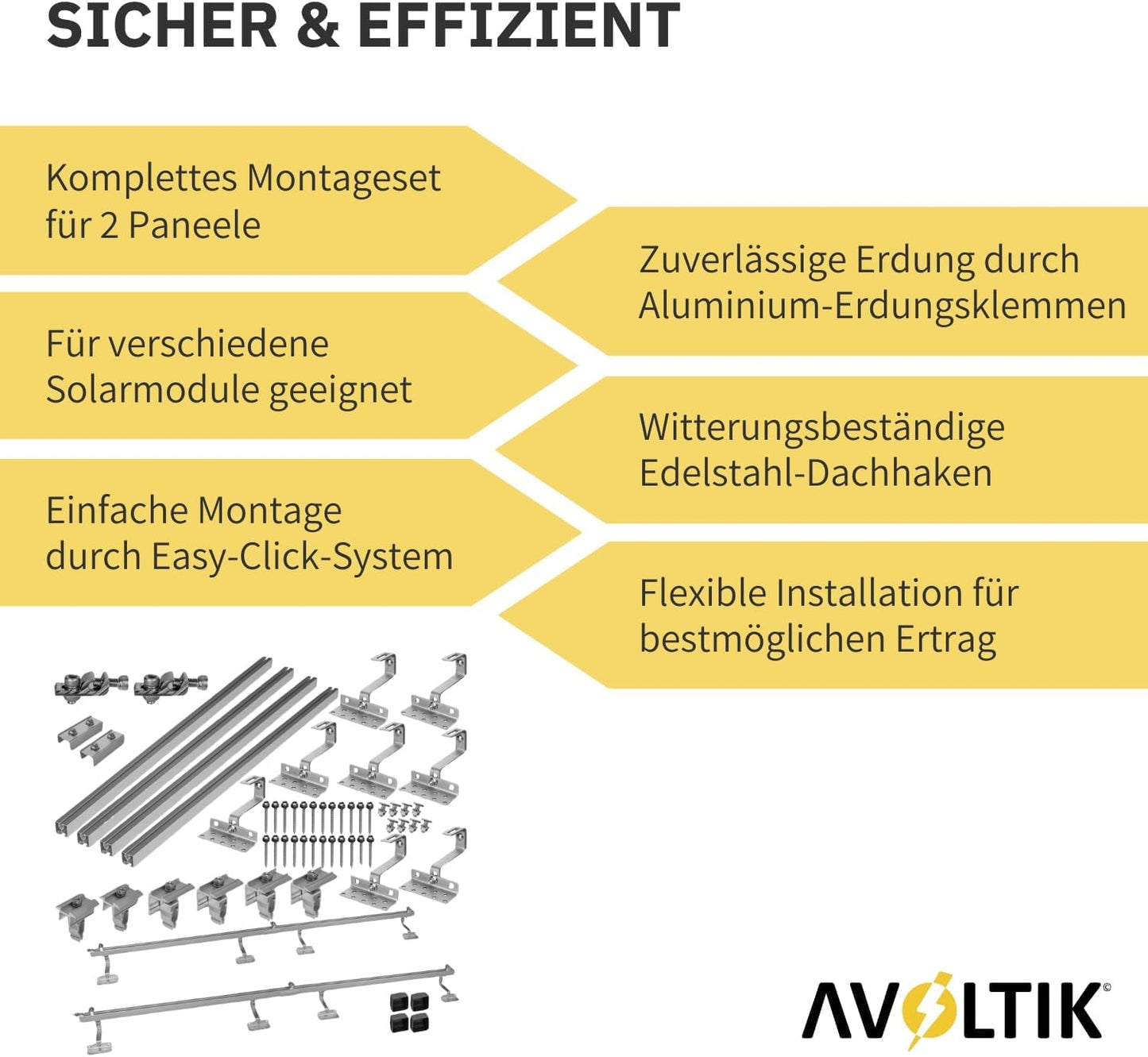 Avoltik Solar Halterung Ziegeldach Montageset für 2 Paneele 30-45mm. Sicher & Effizient. Produkthinweise