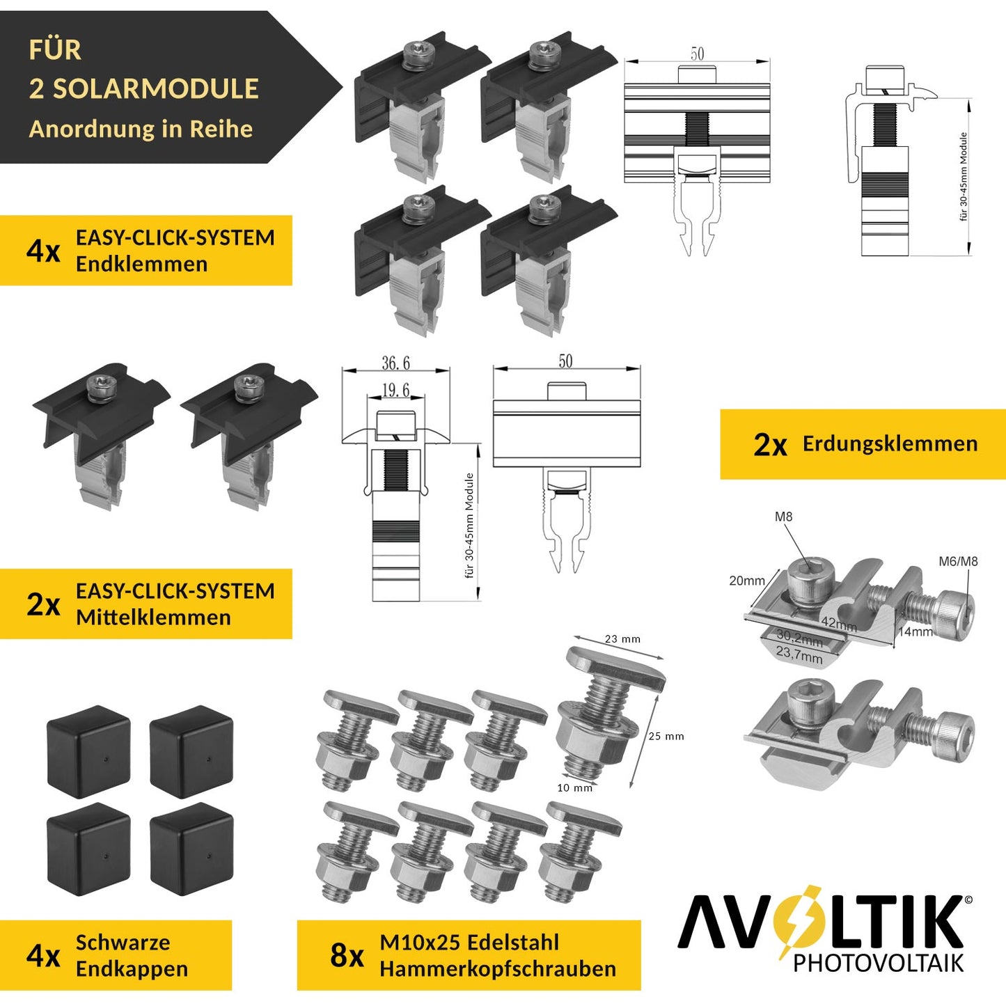 Avoltik Solar Halterung Ziegeldach Montageset für 2 Paneele 30-45mm, End-Mittelklemmen schwarz