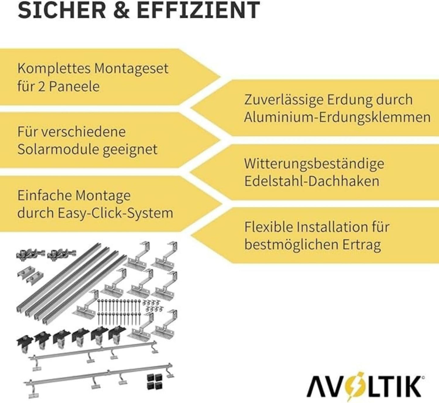 Avoltik Solar Halterung Ziegeldach Montageset für 2 Paneele 30-45mm, End-Mittelklemmen schwarz