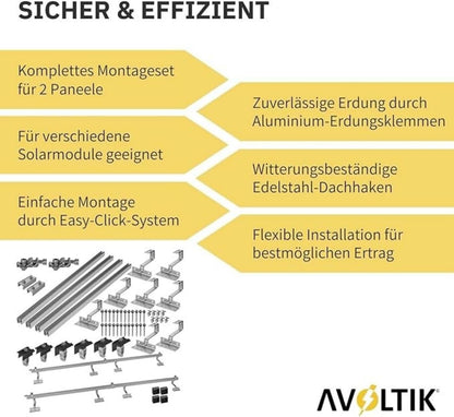 Avoltik Solar Halterung Ziegeldach Montageset für 2 Paneele 30-45mm, End-Mittelklemmen schwarz