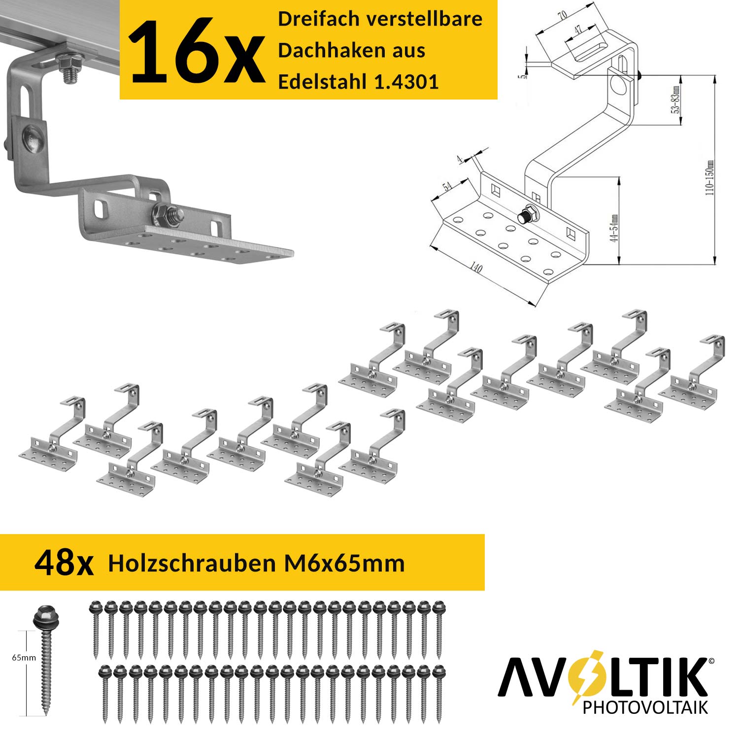Avoltik Solar Halterung Ziegeldach Montageset für 4 Paneele 30-45mm. Anzahl der Dachhaken und Holzschrauben