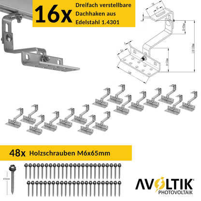 Avoltik Solar Halterung Ziegeldach Montageset für 4 Paneele 30-45mm. Anzahl der Dachhaken und Holzschrauben
