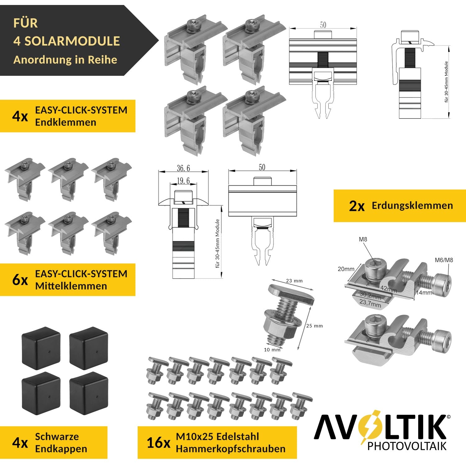 Avoltik Solar Halterung Ziegeldach Montageset für 4 Paneele 30-45mm. Lieferumfang der End- und Mittelklemmen, Erdungsklemmen, Endkappen, Hammerkopfschrauben.