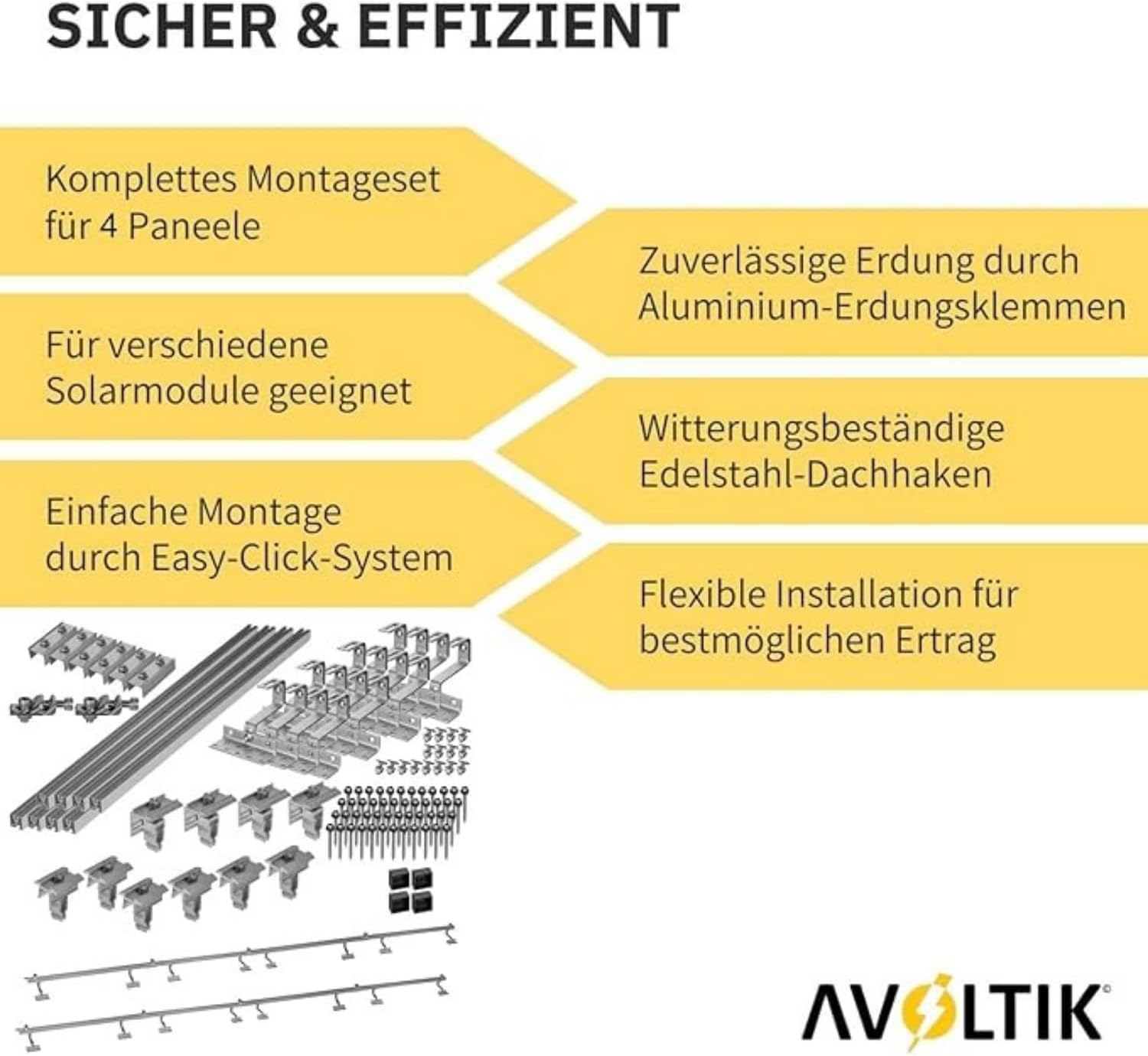 Avoltik Solar Halterung Ziegeldach Montageset für 4 Paneele 30-45mm. Sicher & Effizient