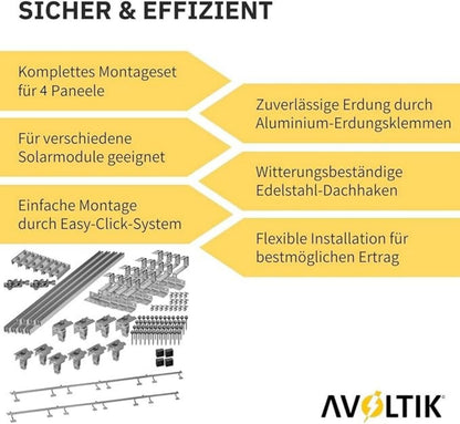 Avoltik Solar Halterung Ziegeldach Montageset für 4 Paneele 30-45mm. Sicher & Effizient
