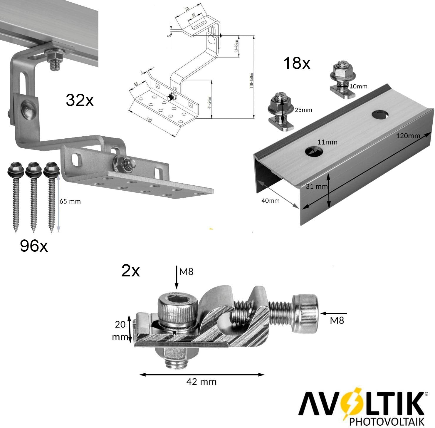 Avoltik Solar Halterung Ziegeldach Montageset für 10 Paneele 30-45mm Lieferumfang Details