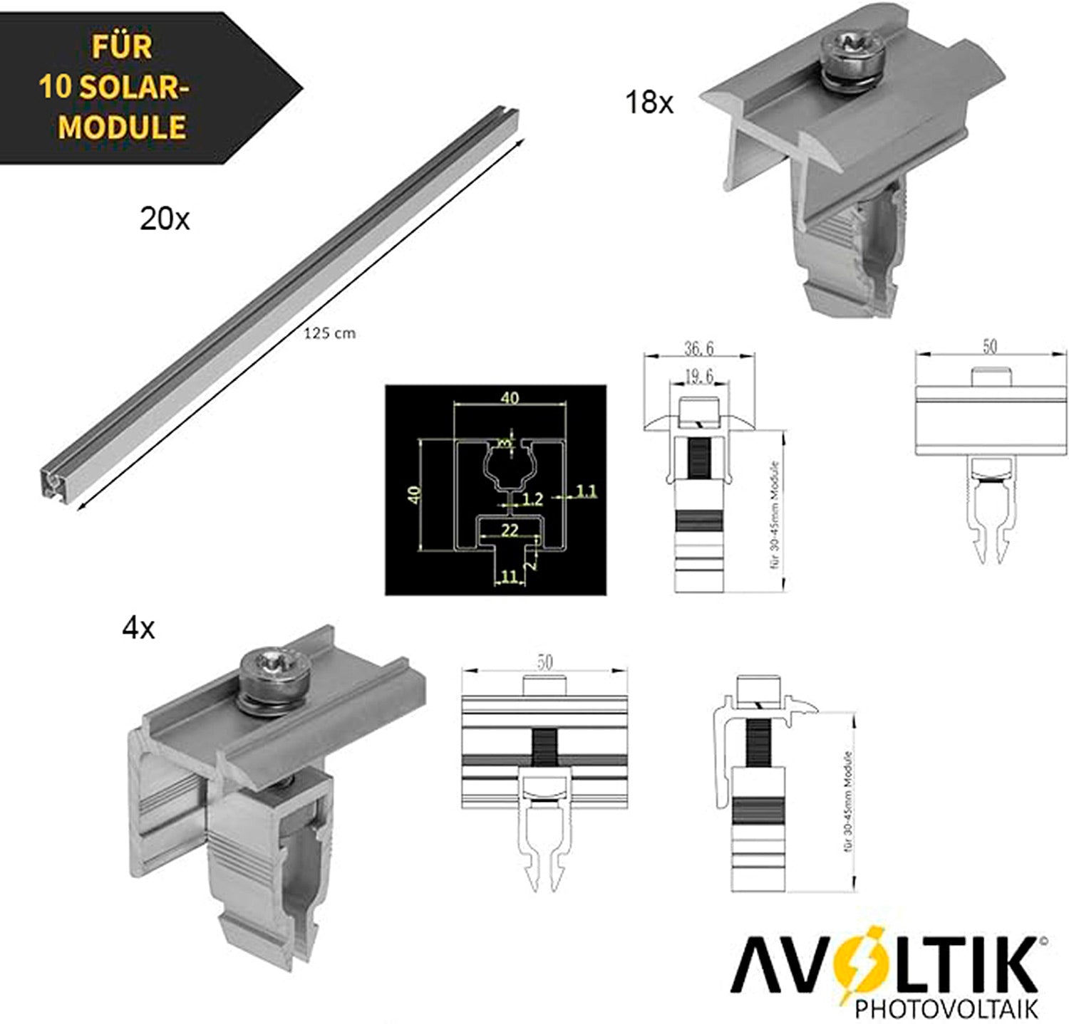 Avoltik Solar Halterung Ziegeldach Montageset für 10 Paneele 30-45mm Lieferumfang und Details