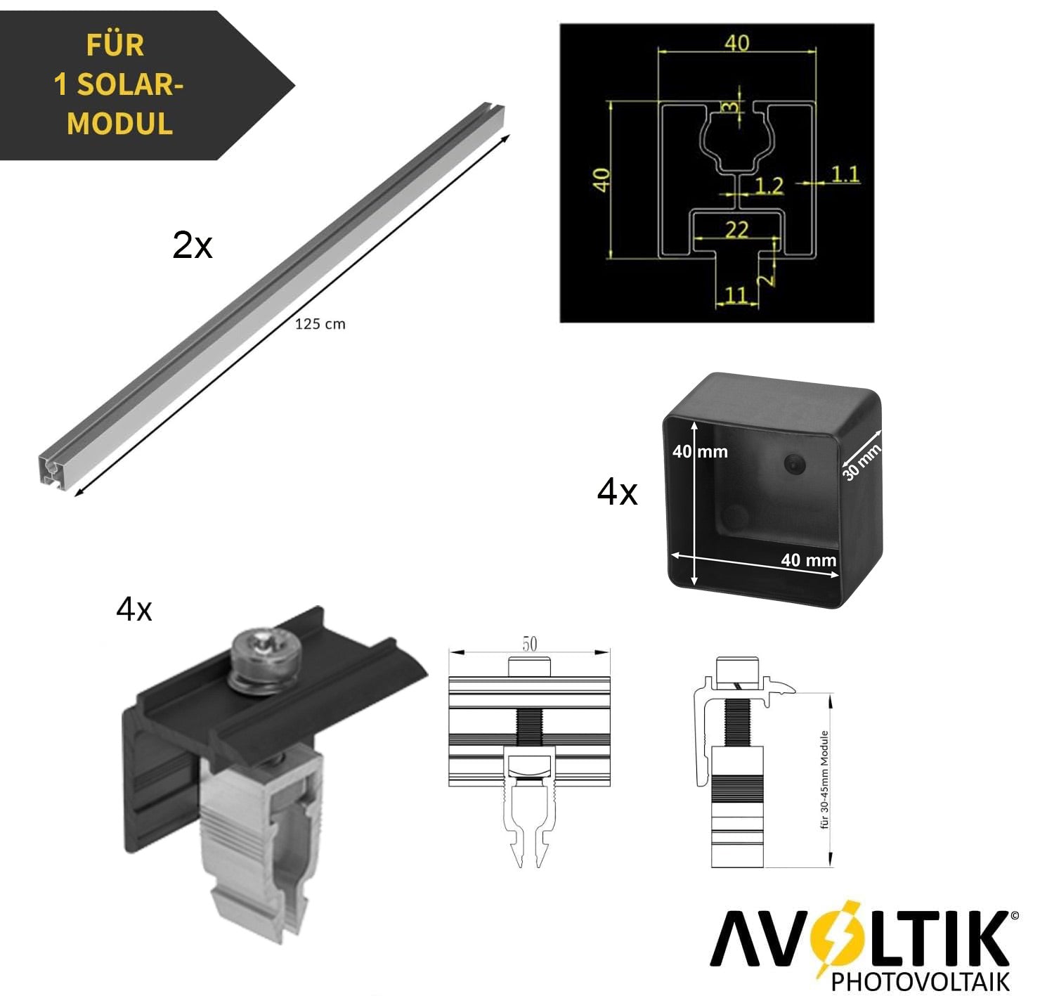 Avoltik Solar Halterung Ziegeldach Montageset für 1 Panel 30-45mm Bemaßung und Lieferumfang. Endklemme Schwarz