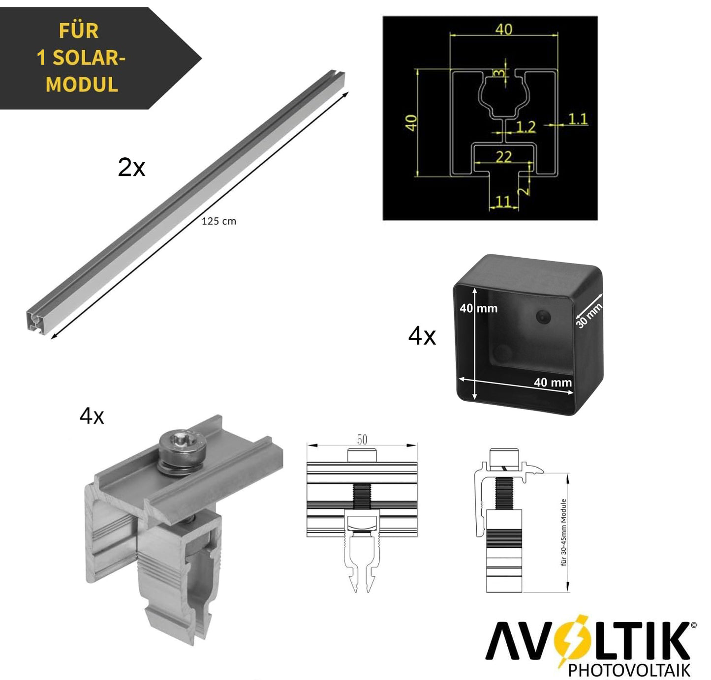Avoltik Solar Halterung Ziegeldach Montageset für 1 Panel 30-45mm Bemaßung und Lieferumfang. Endklemme Silber.