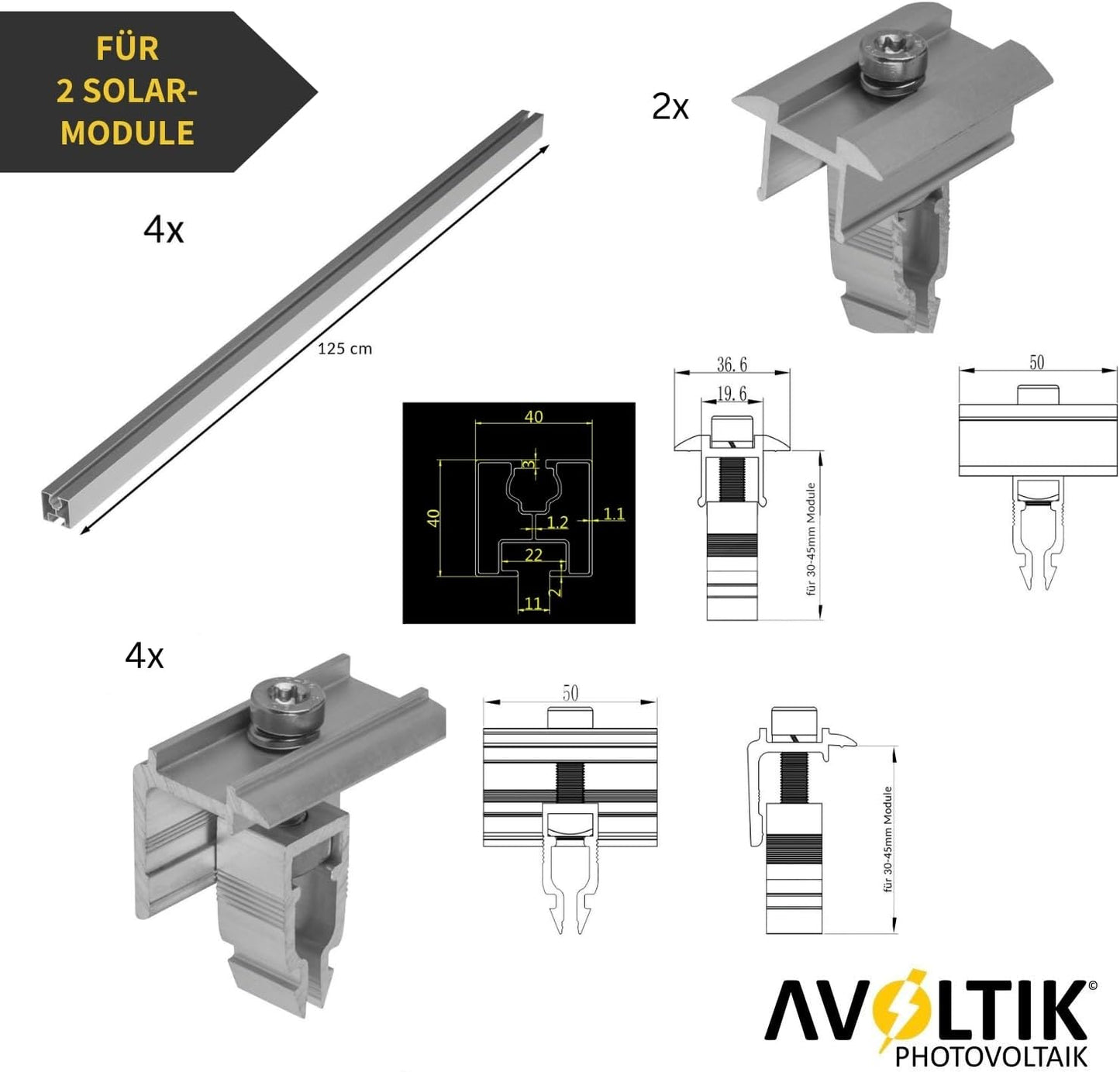 Avoltik Solar Halterung Ziegeldach Montageset für 2 Paneele 30-45mm Bemaßung und Lieferumfang