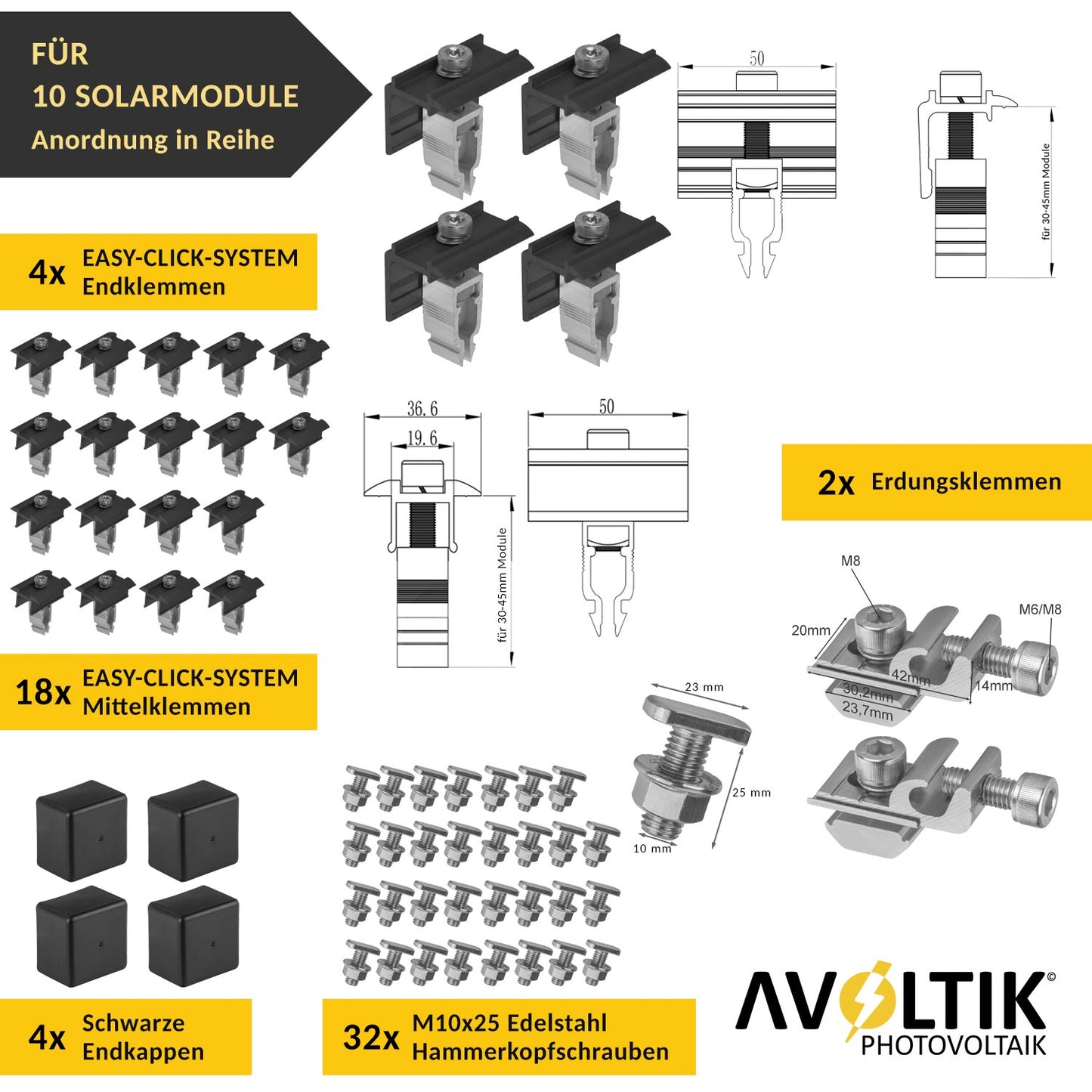 Avoltik Solar Halterung Ziegeldach Montageset für 10 Paneele 30-45mm, End-Mittelklemmen schwarz