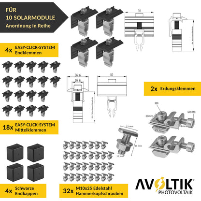 Avoltik Solar Halterung Ziegeldach Montageset für 10 Paneele 30-45mm, End-Mittelklemmen schwarz