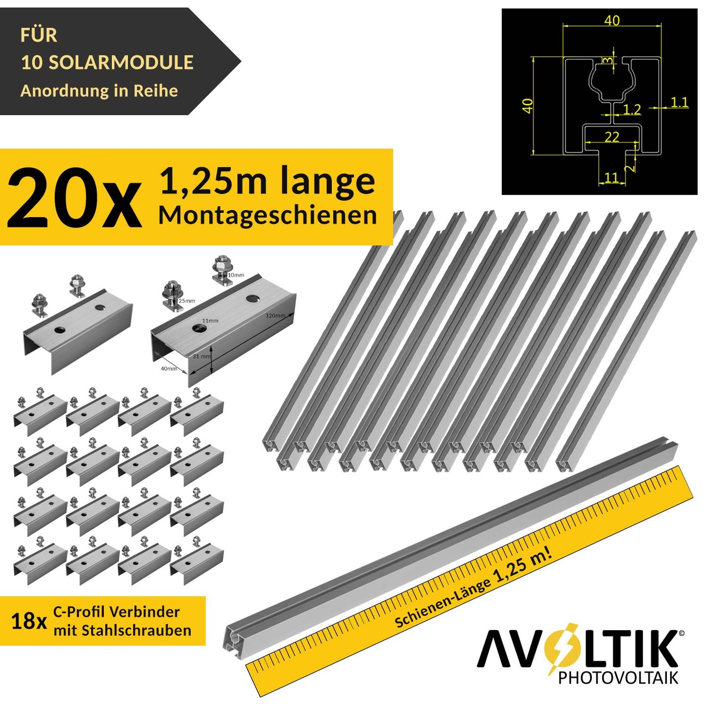Avoltik Solar Halterung Ziegeldach Montageset für 10 Paneele 30-45mm, End-Mittelklemmen schwarz