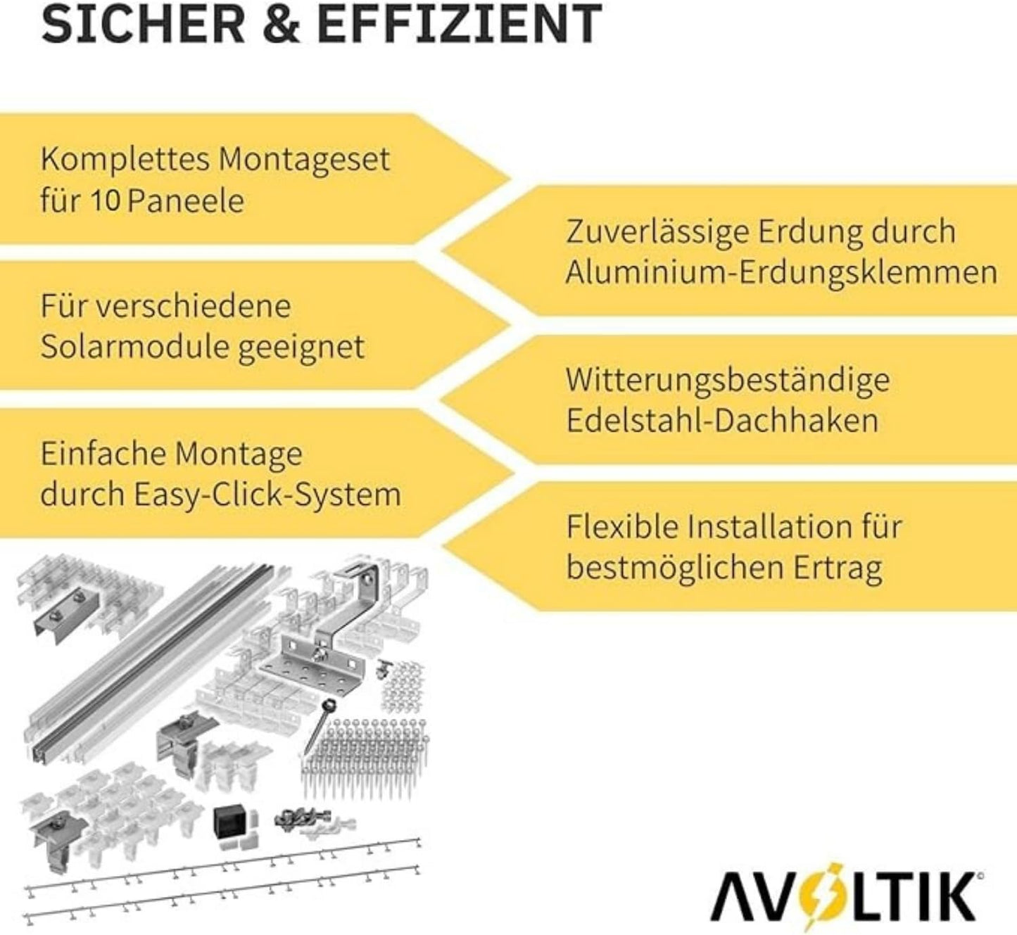 Avoltik Solar Halterung Ziegeldach Montageset für 10 Paneele 30-45mm, End-Mittelklemmen schwarz
