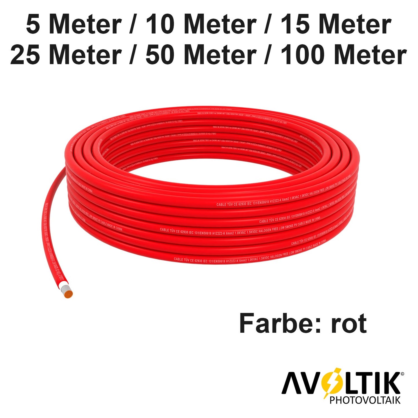 Avoltik Solarkabel  6mm² in Rot in 5m, 10m, 15m,25m,50m,100m