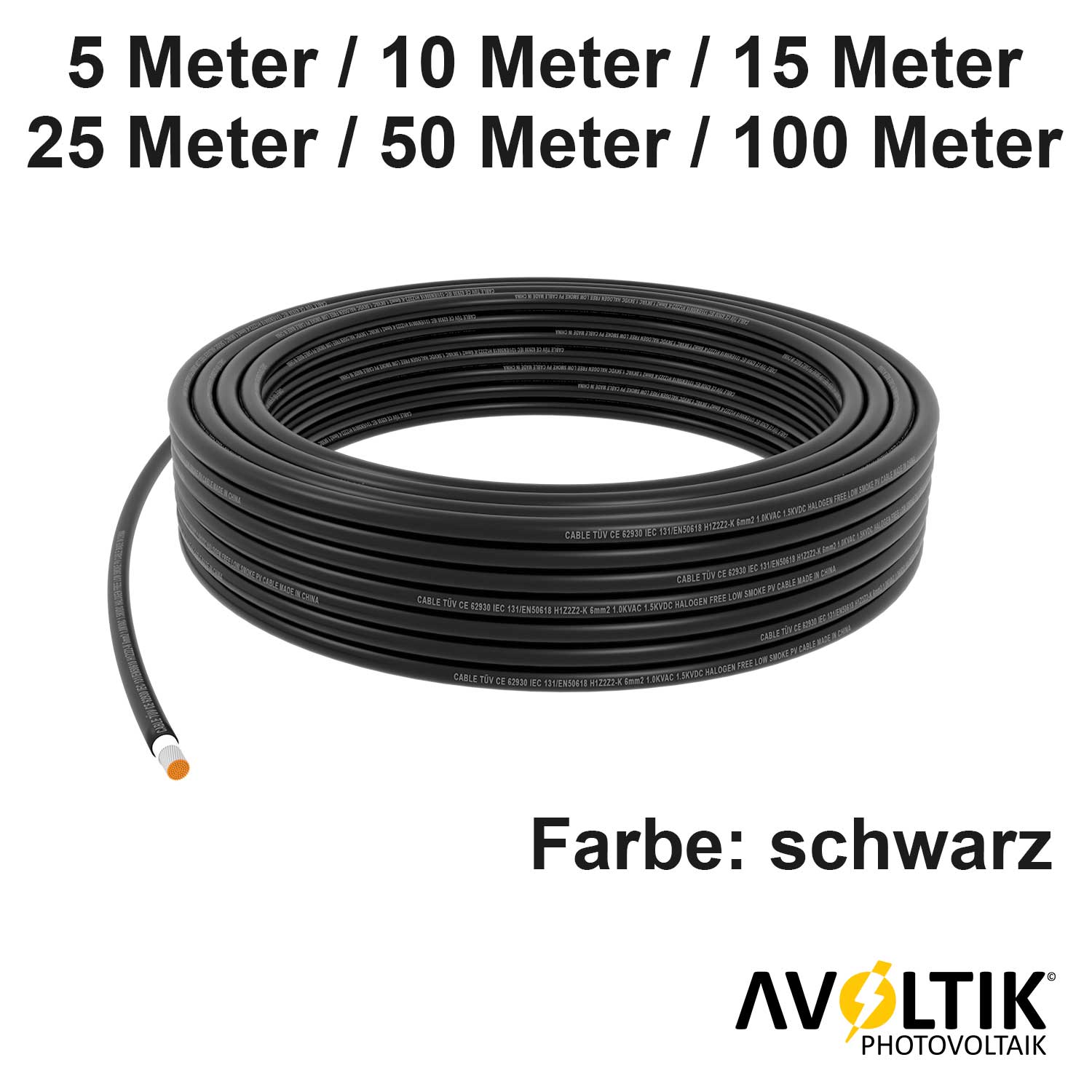 Avoltik Solarkabel  6mm² in Schwarz in 5m, 10m, 15m,25m,50m,100m