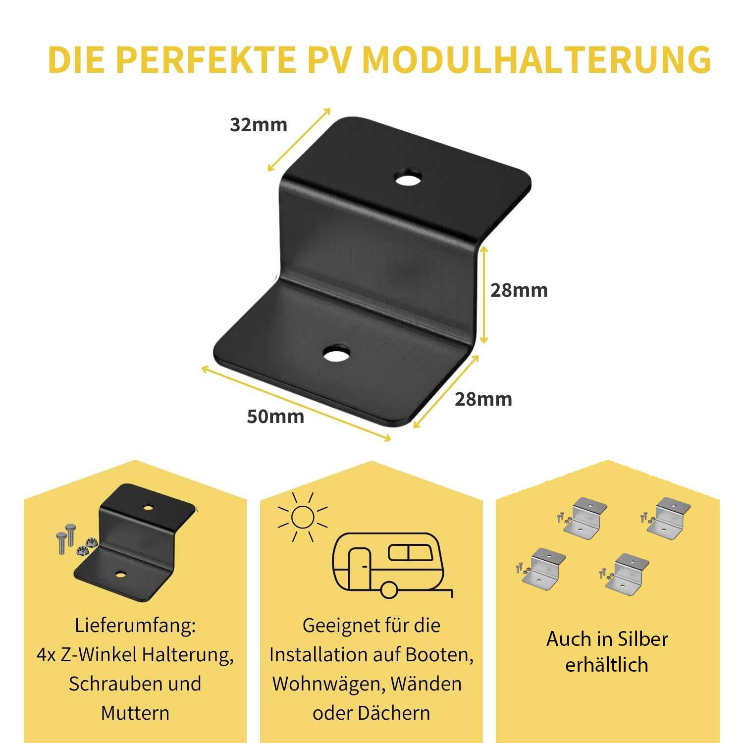 Avoltik Solarpanel Halterung Z-Winkel ( 4 Stück) Silber oder Schwarz - Die Perfekte Modulhalterung, Lieferumfang, Bemaßung, Hinweise