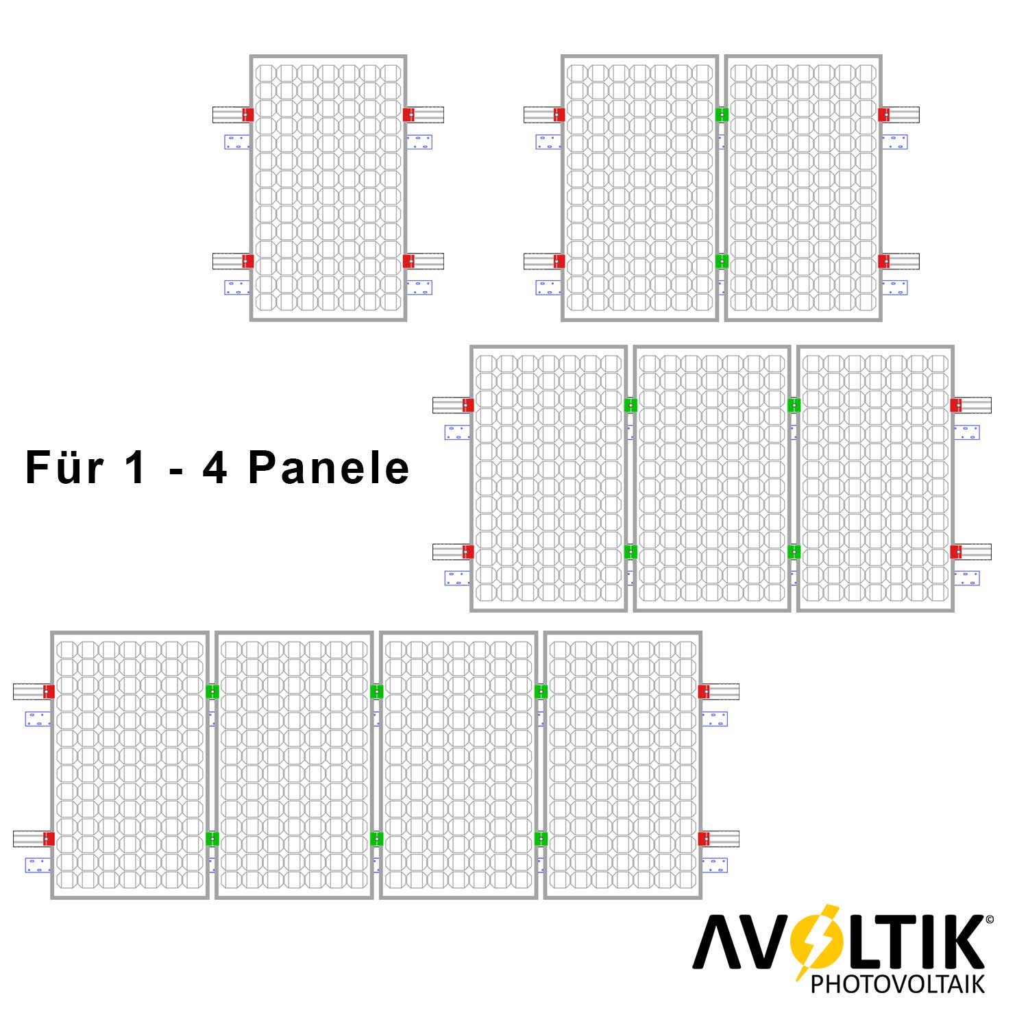 Avoltik Solarpanel Ziegeldach Befestigung für Paneele von 30-40mm  für 1-4 Paneele Schema