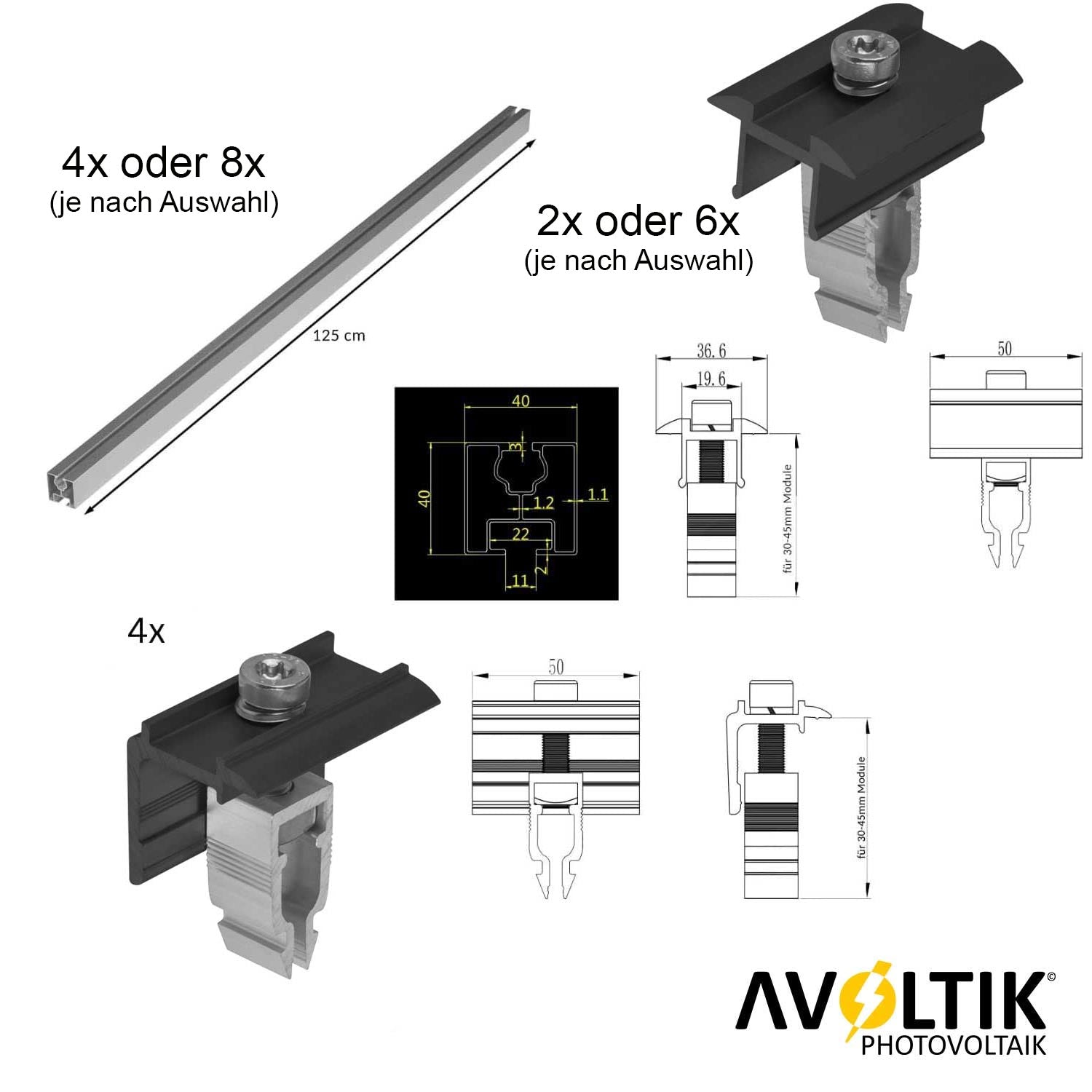 Avoltik Stockschrauben PV Montagesystem für 2 oder 4 Paneele in Silber oder Schwarz Lieferumfang und Abmessungen