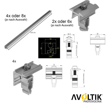 Avoltik Stockschrauben PV Montagesystem für 2 oder 4 Paneele in Silber oder Schwarz Lieferumfang und Abmessungen