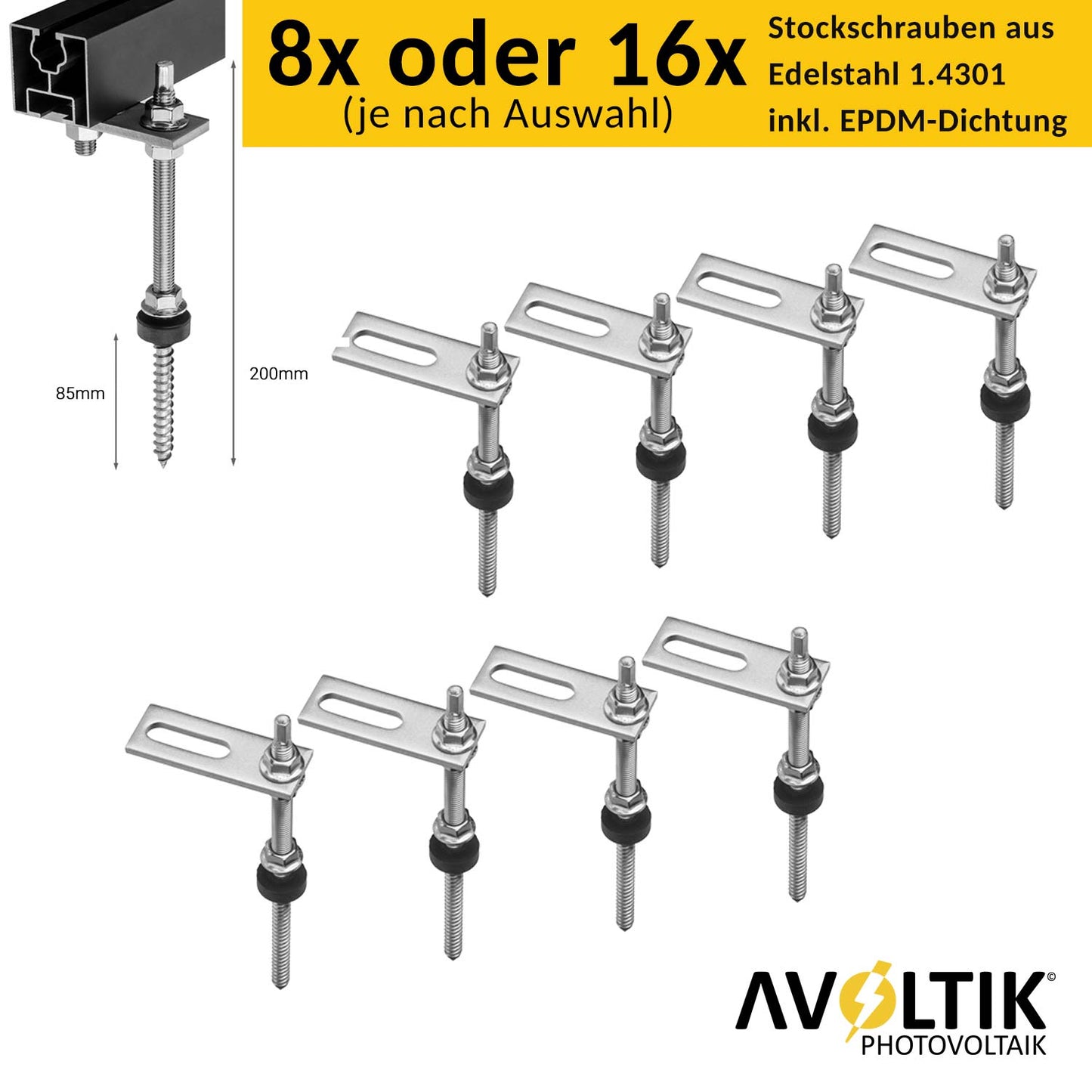 Avoltik Stockschrauben PV Montagesystem für 2 oder 4 Paneele in Schwarz Lieferumfang und Abmessungen Stockschrauben