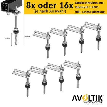 Avoltik Stockschrauben PV Montagesystem für 2 oder 4 Paneele in Schwarz Lieferumfang und Abmessungen Stockschrauben