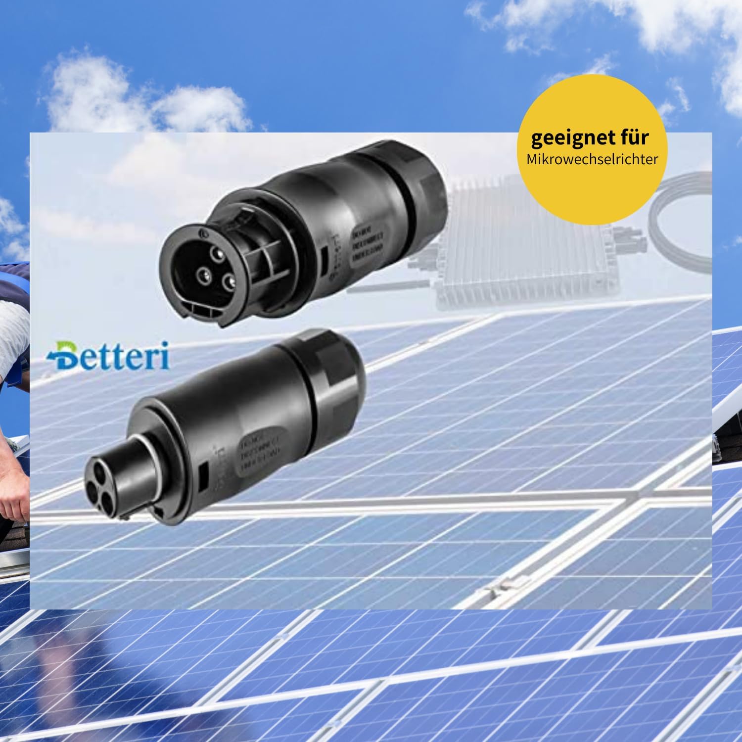 Betteri BC01 Buchse und Stecker mit Solarpanelen im Hintergrund