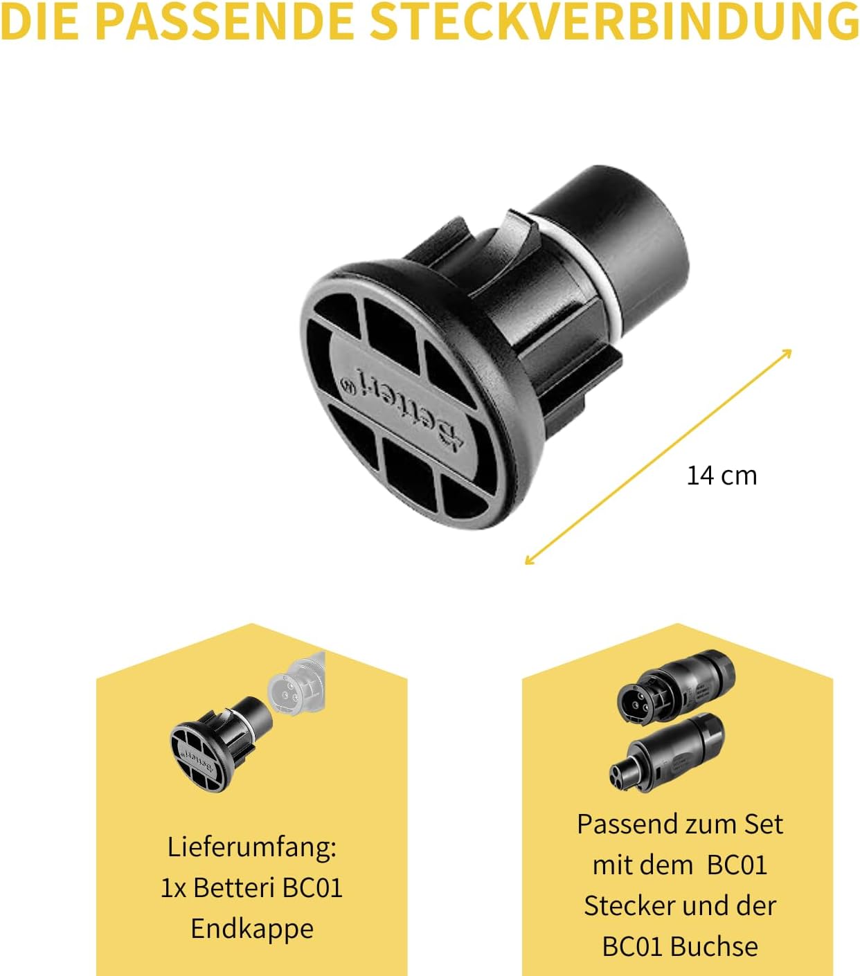 Betteri BC01 Endkappe männlich Die Passende Steckverbindung, Bemaßung, Lieferumfang, Produkthinweise