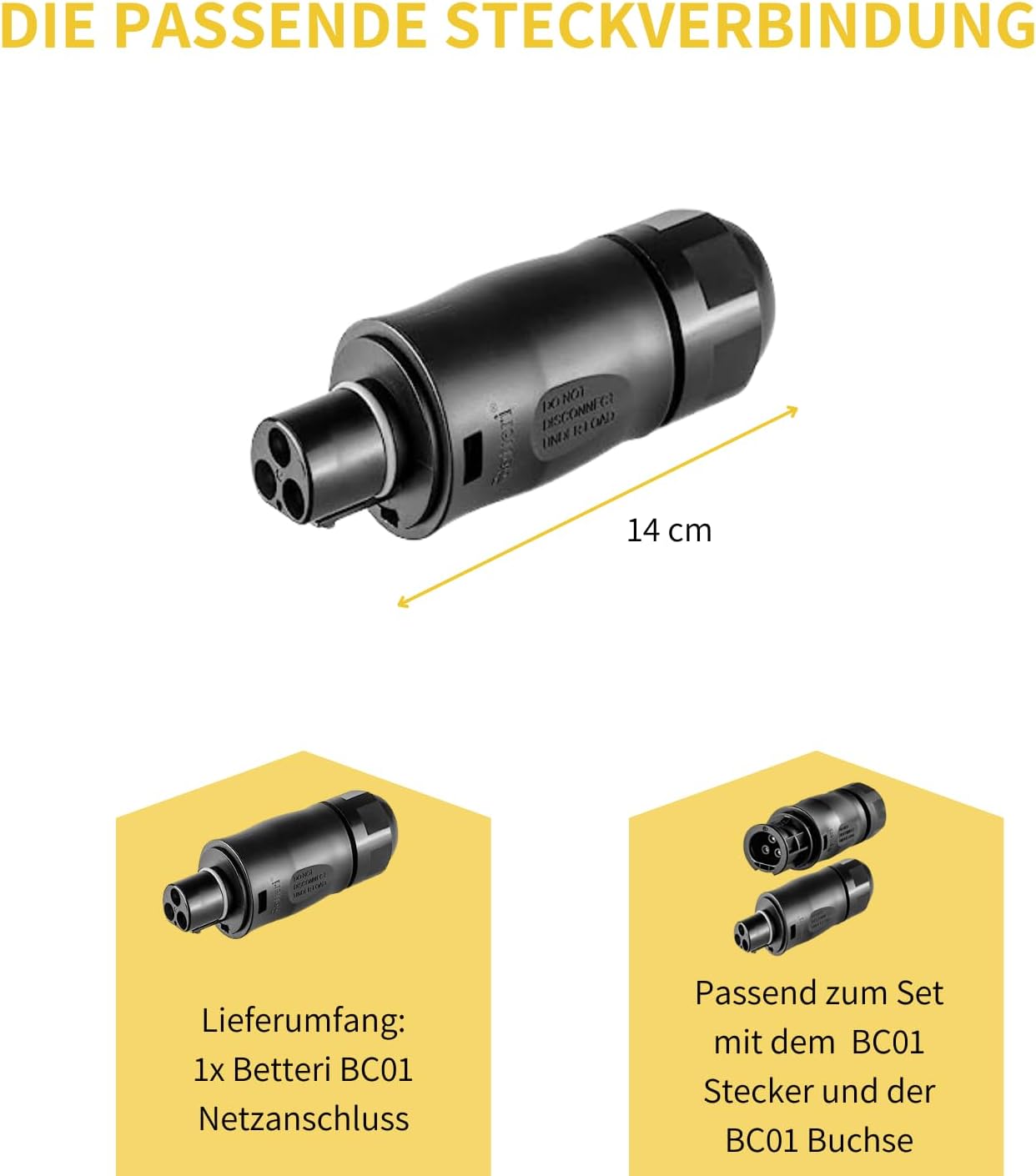 Betteri BC01 Stecker männlich Details Größe und Lieferumfang