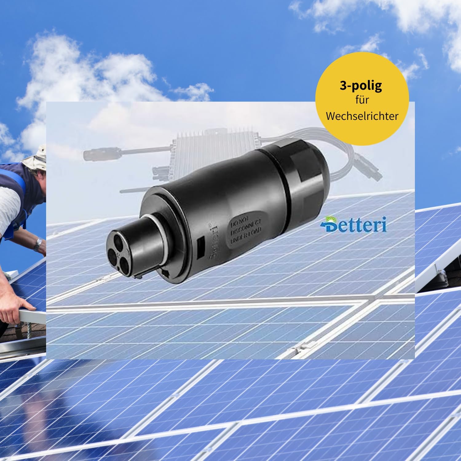 Betteri BC01 Stecker männlich mit Solarpanel im Hintergrund