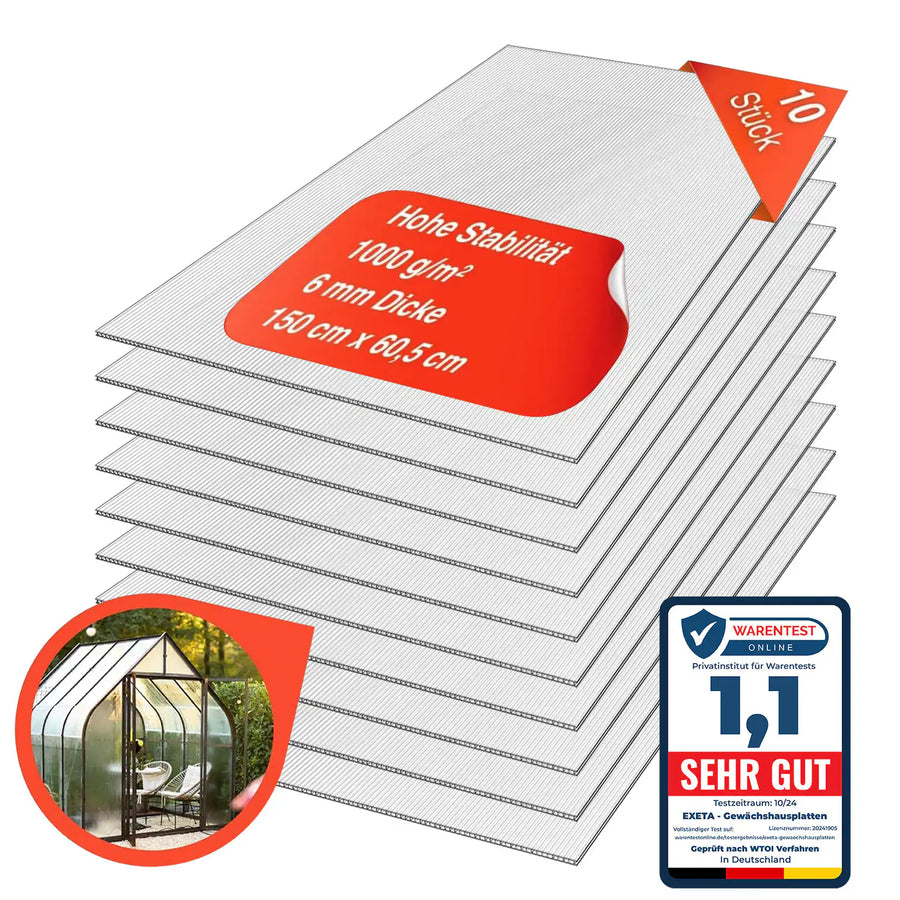 10X Gewächshaus Platten Doppelstegplatten 60,5X150 CM 6mm Hohlkammerplatten 9,08m² Polycarbonat