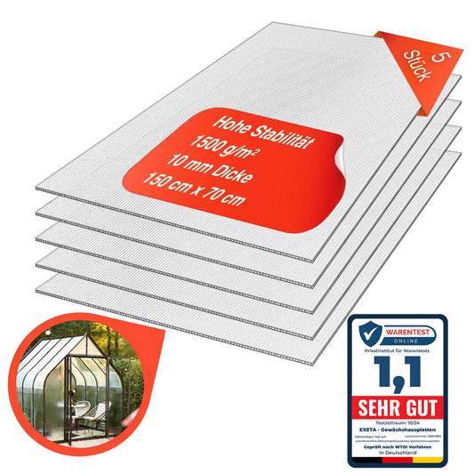 Doppelstegplatten aus Polycarbonat Gewächshausplatten 10mm 1500g/m² 5 Stück 700X1500 mmProduktbild