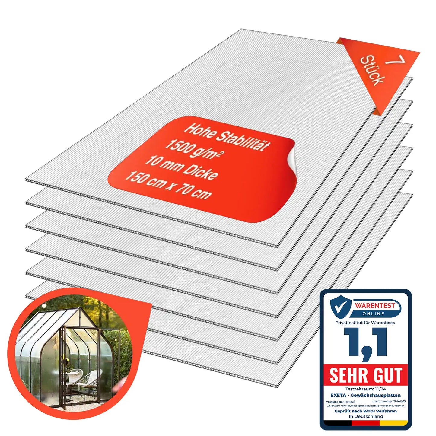 Doppelstegplatten  aus Polycarbonat Gewächshausplatten 10mm 1500g/m² 7 Stück 700X1500 mm Produktbild