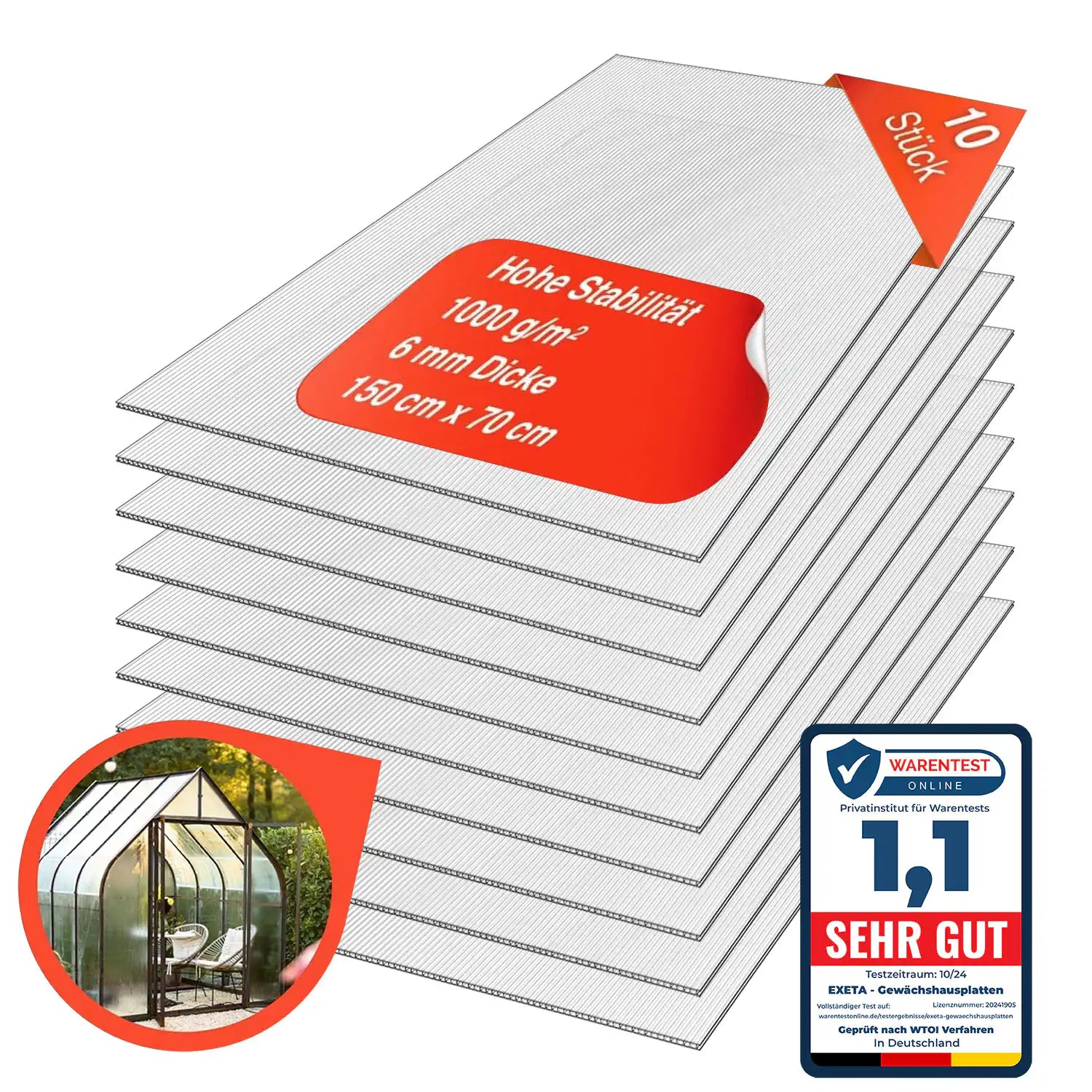 Doppelstegplatten aus Polycarbonat  Gewächshausplatten 6mm 1000g/m² 10 Stück 700X1500 mm Produktbild