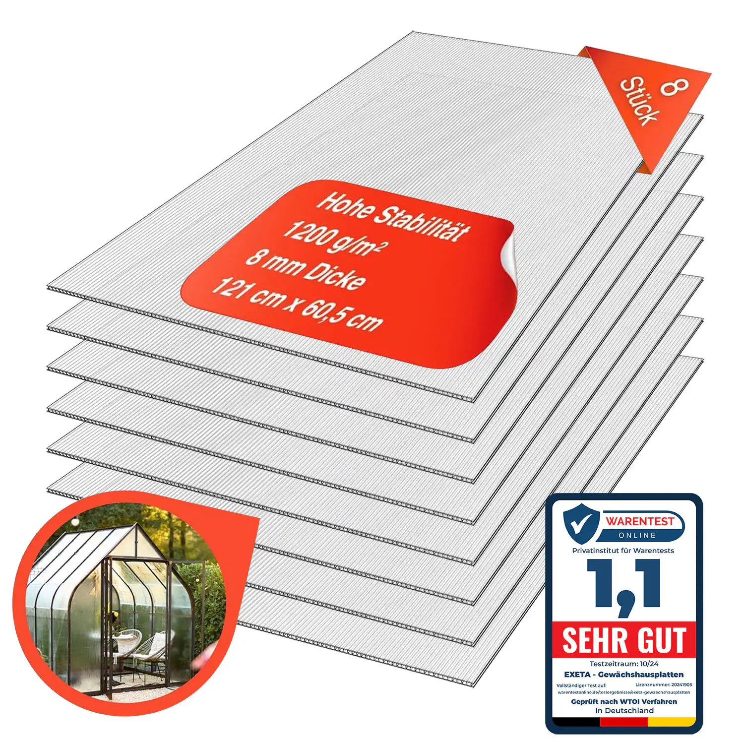 Doppelstegplatten aus Polycarbonat Gewächshausplatten 8mm 1200g/m² 8 Stück 605X1210 mm Produktbild