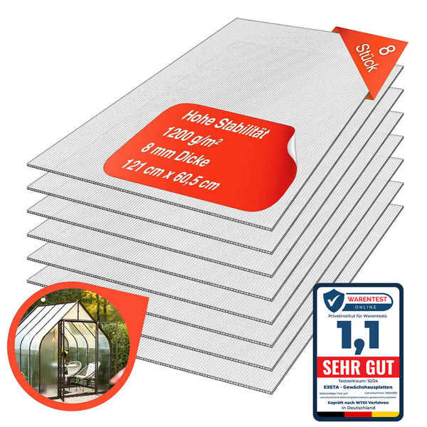 8X Gewächshaus Platten 8mm Doppelstegplatten 60,5X121 CM Hohlkammerplatten 5,85m² Polycarbonatplatte