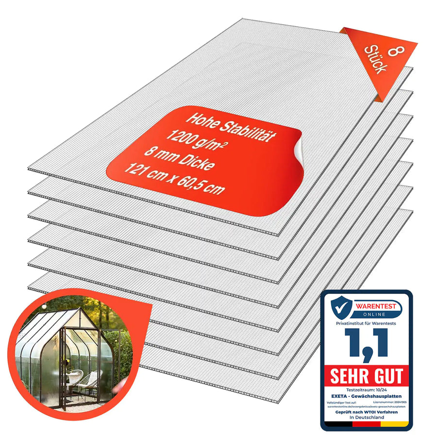 8X Gewächshaus Platten 8mm Doppelstegplatten 60,5X121 CM Hohlkammerplatten 5,85m² Polycarbonatplatte